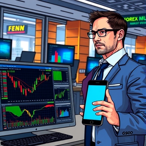 特寫鏡頭下的貨幣對在數位螢幕上顯示交易信號與趨勢。