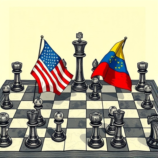 地緣政治棋盤上美國與委內瑞拉國旗