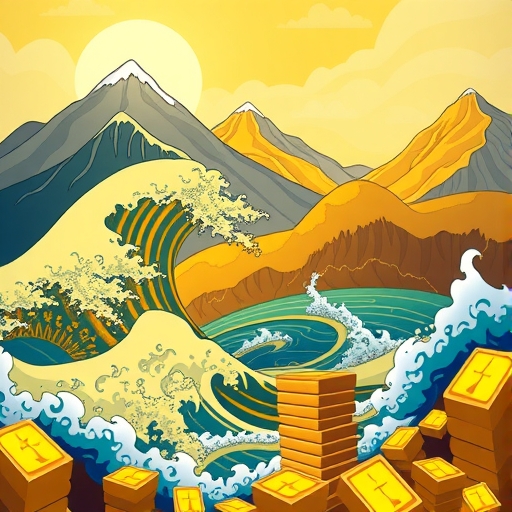 藝術風格展現金礦開採的場景,背後有壯麗的山脈