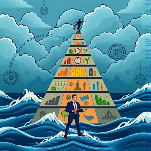 一位智慧的投資者手持指南針,站在充滿股票和金融符號的金字塔底部