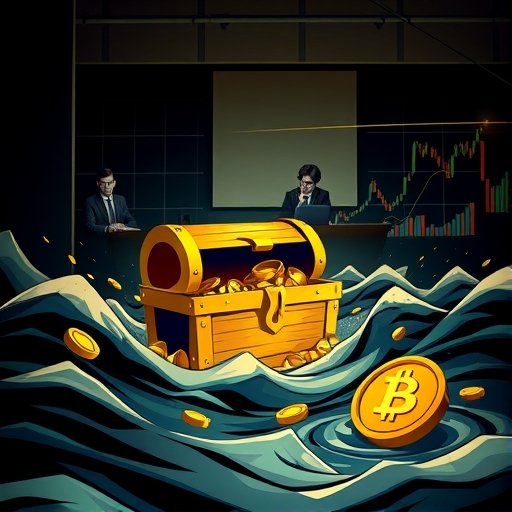 一個金色的寶箱漂浮在波濤洶湧的海面上