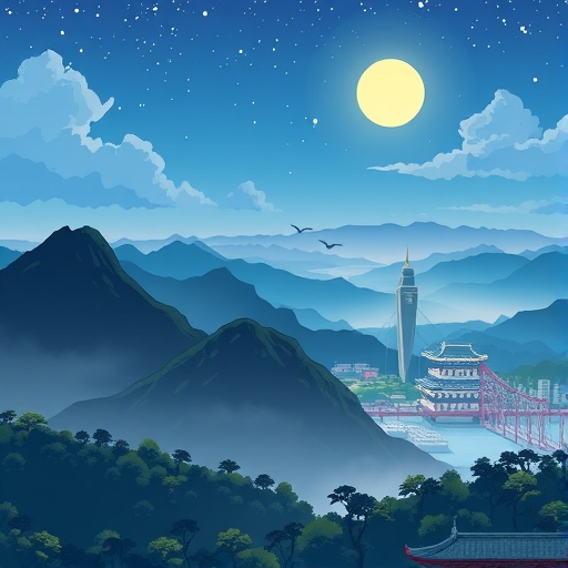 台灣山脈與雲霧繚繞的風景插畫