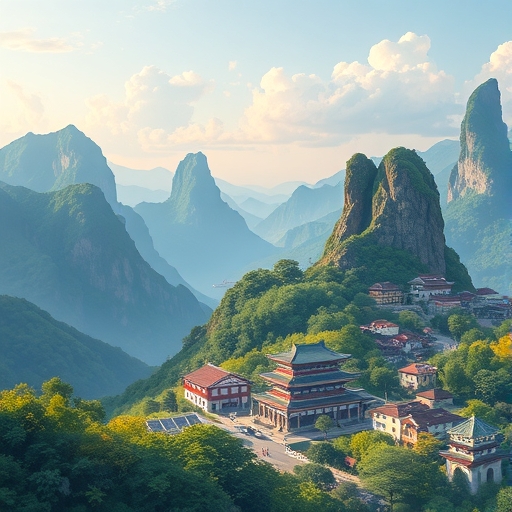 台灣湖泊與山脈的風景插畫