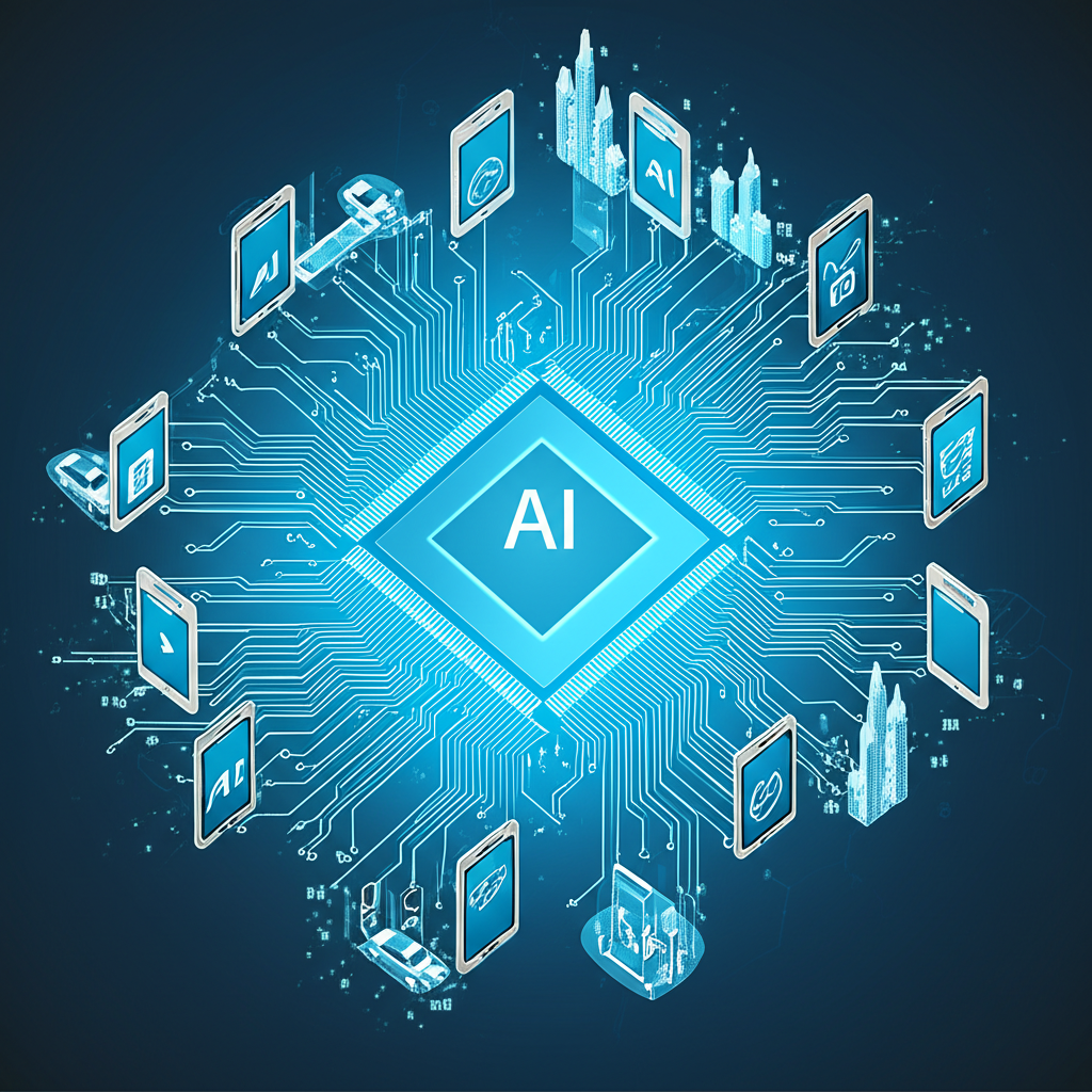 半導體產業連接全球城市與先進科技如智慧手機、AI和電動車的插圖,象徵其作為數位世界大腦的角色