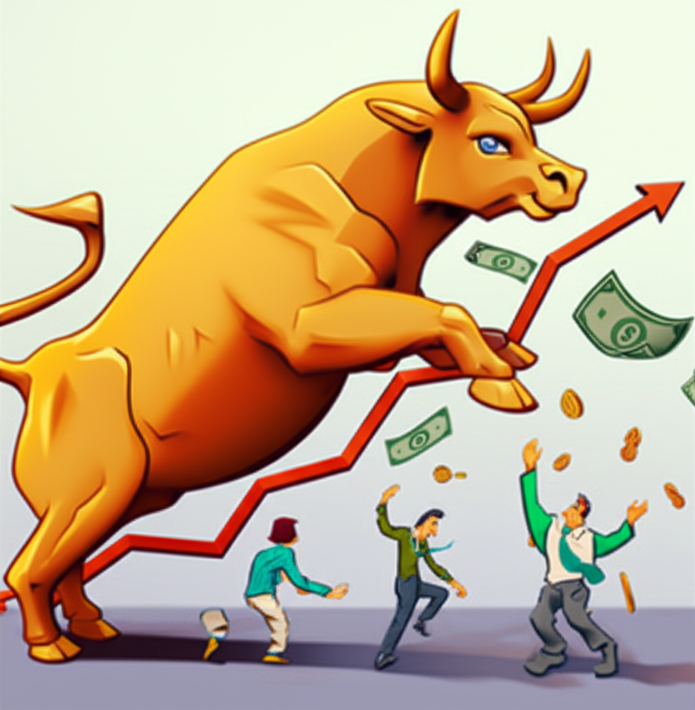 生動的牛市插圖,公牛向上推動上升股價圖表,人們快樂投資,經濟成長景象