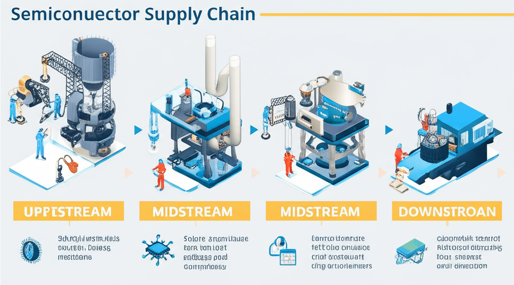 半導體供應鏈分為上游、中游和下游三部分的清晰插圖,每段展示不同機械與專門工作者合作製造晶片的情景