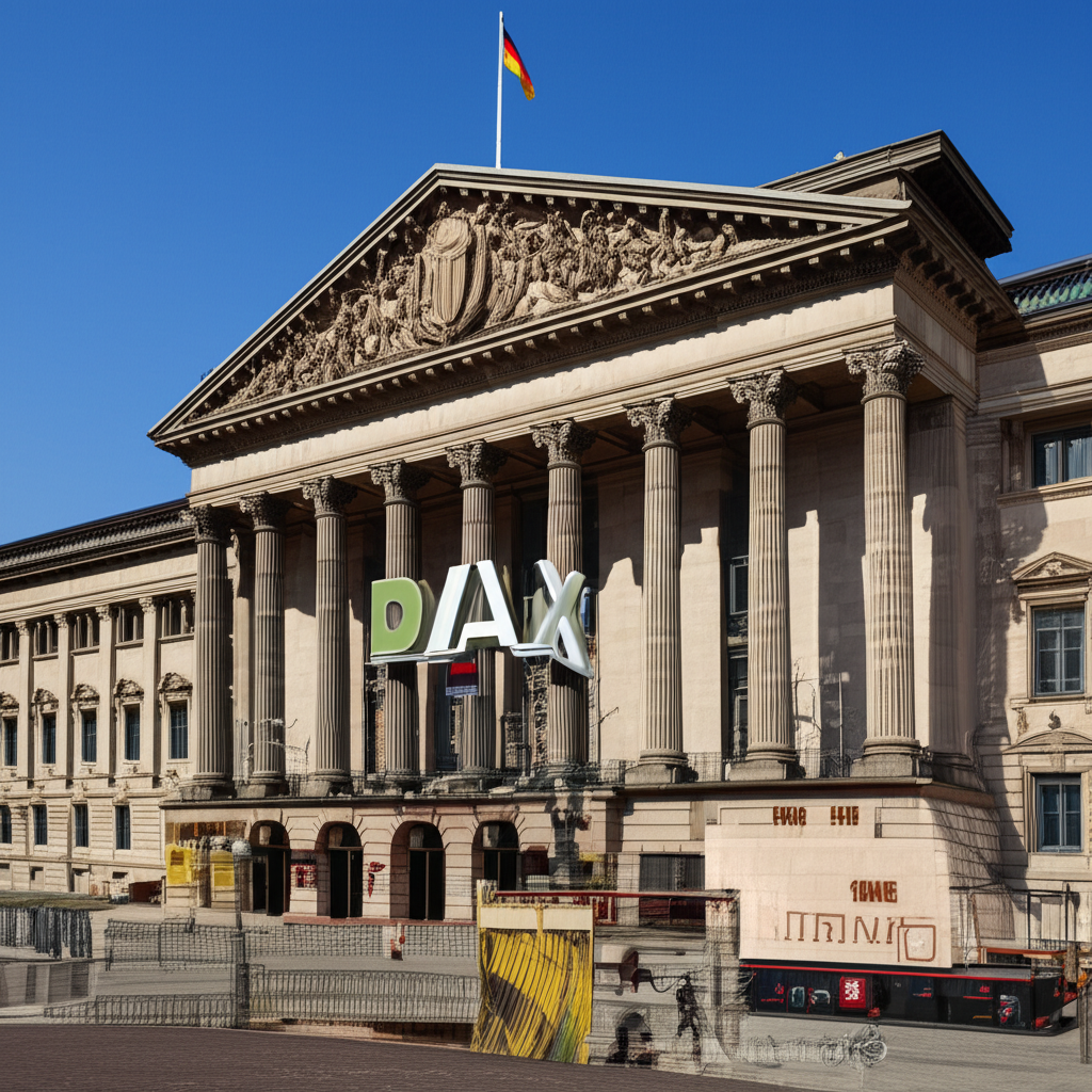法蘭克福證券交易所建築與DAX指數標誌,展示1988年推出時間線,象徵其作為德國與歐洲經濟健康指標的重要性