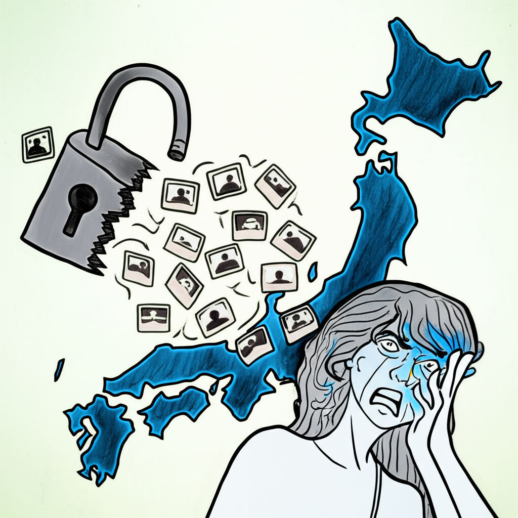 數位鎖被撬開,從日本地圖中湧出私人照片與影片,象徵未經授權的散佈,一位人因隱私洩露而顯得沮喪