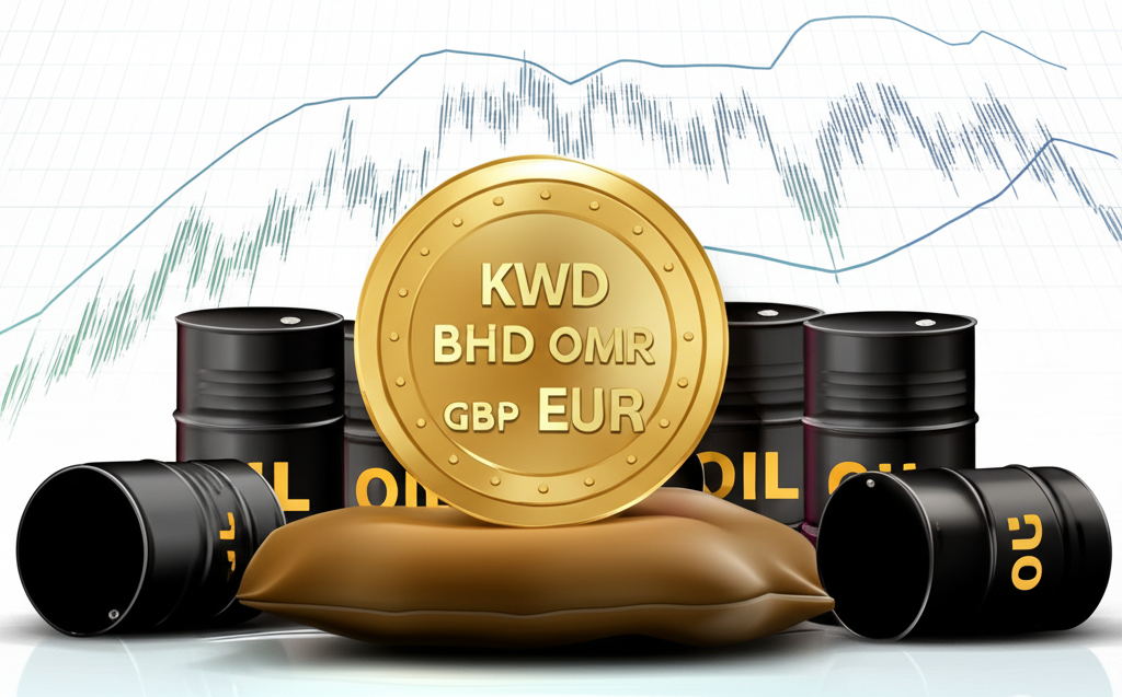 高價值貨幣象徵圖,顯示 KWD、BHD、OMR、GBP、EUR 等符號與石油和財務圖表