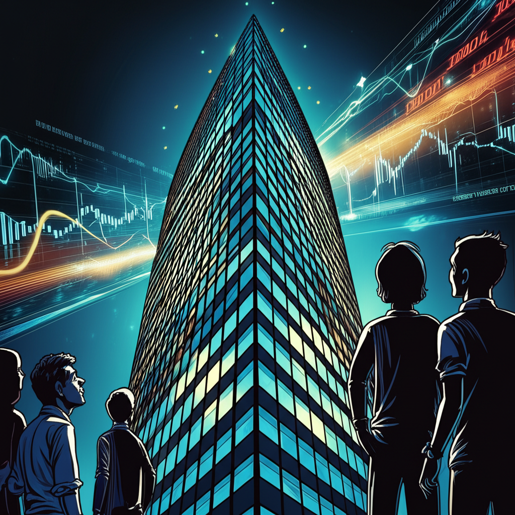 一座神秘的高樓大廈象徵投資銀行,周圍環繞著閃爍的金融市場,人們好奇而敬畏地仰望,傳達高薪、高壓與高機會的氛圍
