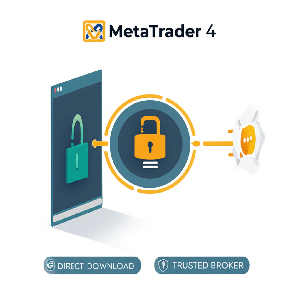 安全數位入口,代表 MetaTrader 4 官方網站,包含鎖頭圖示與直接下載或經紀商選擇