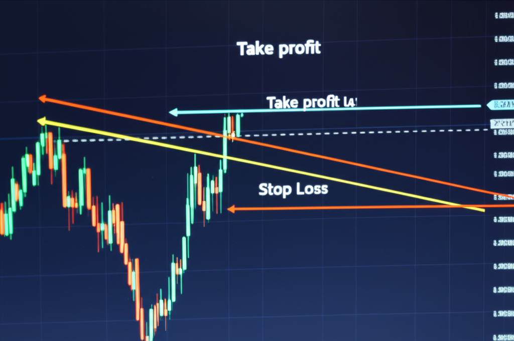 An illustration of a trading chart with upward and downward trends showing clear take profit and stop loss lines acting as protective boundaries for a digital currency trader on a computer screen illustration style