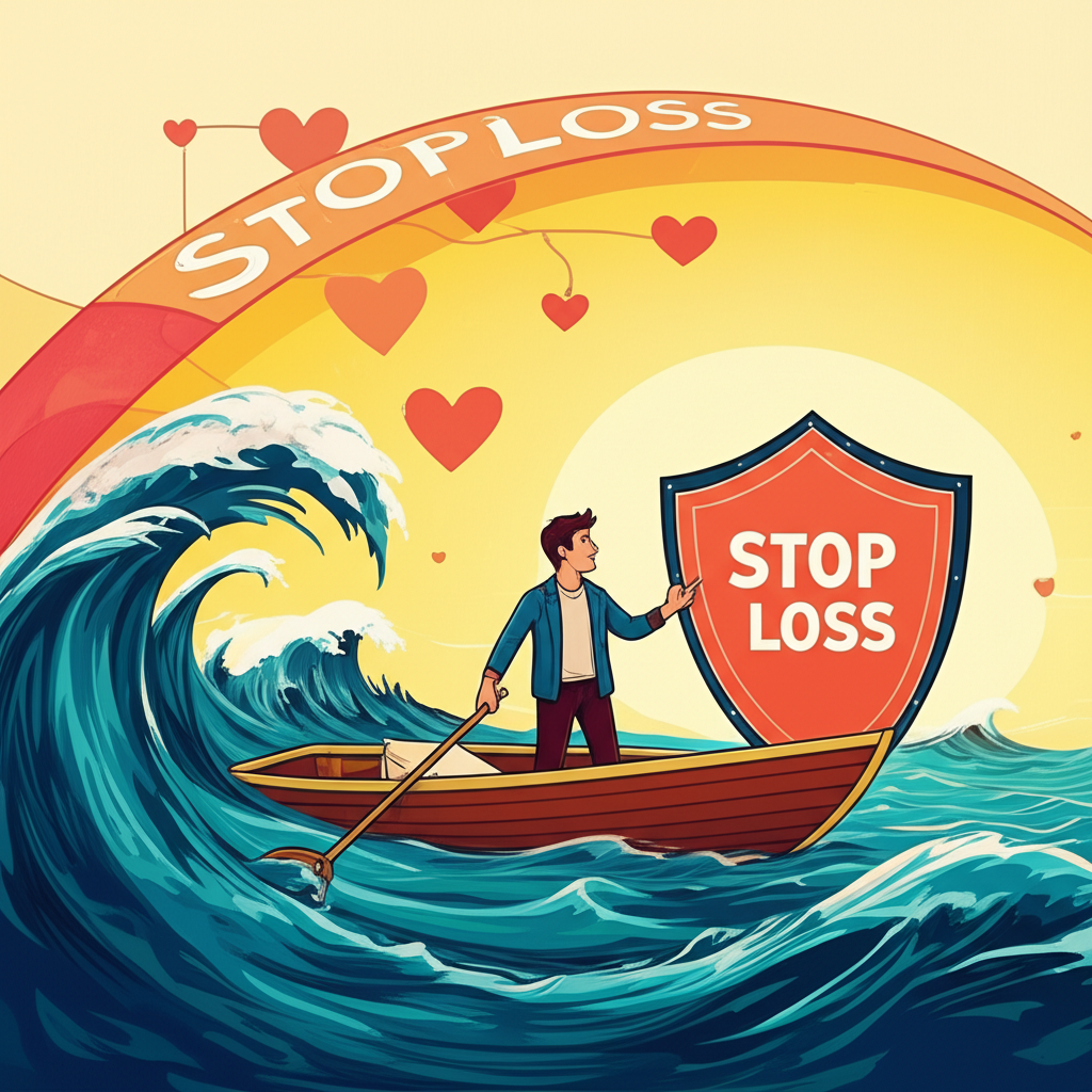 投資人航行於波濤洶湧的金融海洋，使用標記為止損的防護盾延伸至個人關係與人生決策，象徵全面保護資產與福祉