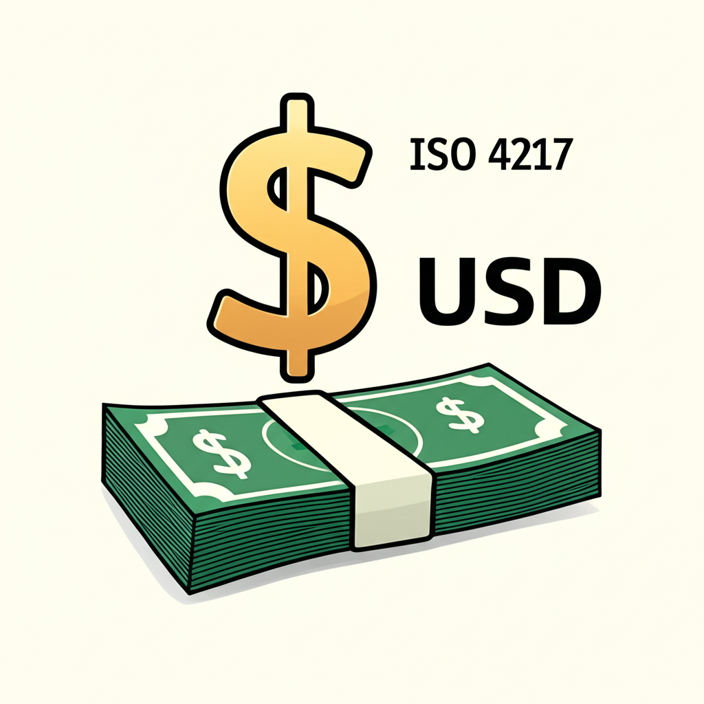 USD美元符號與鈔票及ISO 4217代碼的鮮豔插圖,強調其作為美國法定貨幣的國際地位