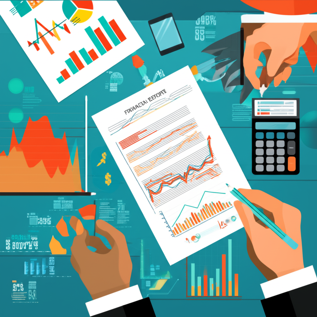 An illustration of various financial reports and charts representing different types of profit margins and factors influencing business sustainability