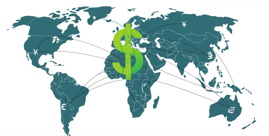 全球貿易路線與金融符號匯聚於USD貨幣符號的插圖,象徵其在世界經濟中的核心角色
