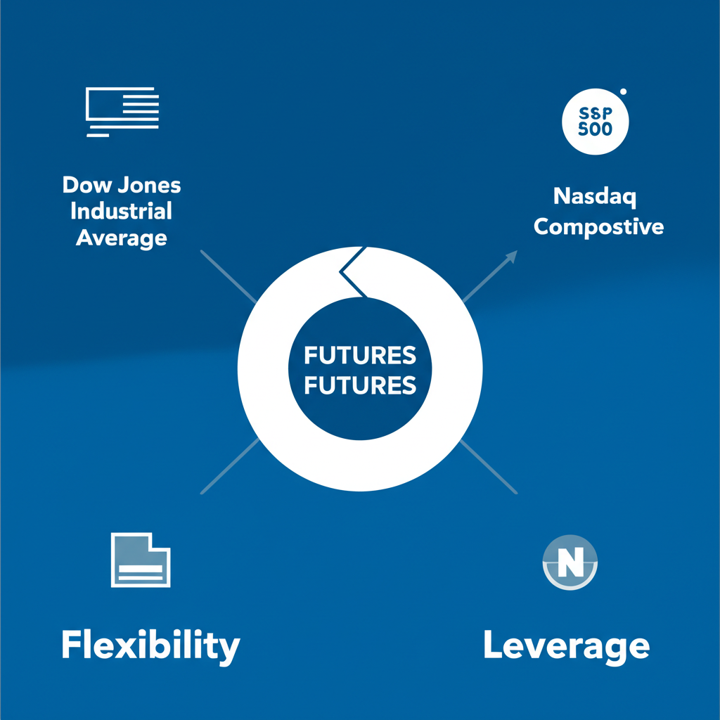 美股指數期貨簡易視覺解說,連結道瓊、納斯達克與標普500等指數,強調相對於直接買股的靈活與槓桿效果