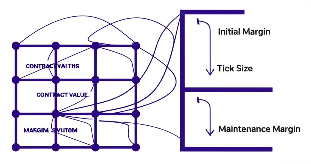 期貨合約規格抽象圖示,包括合約月份、最小跳動點與合約價值,搭配保證金制度的槓桿放大效應說明