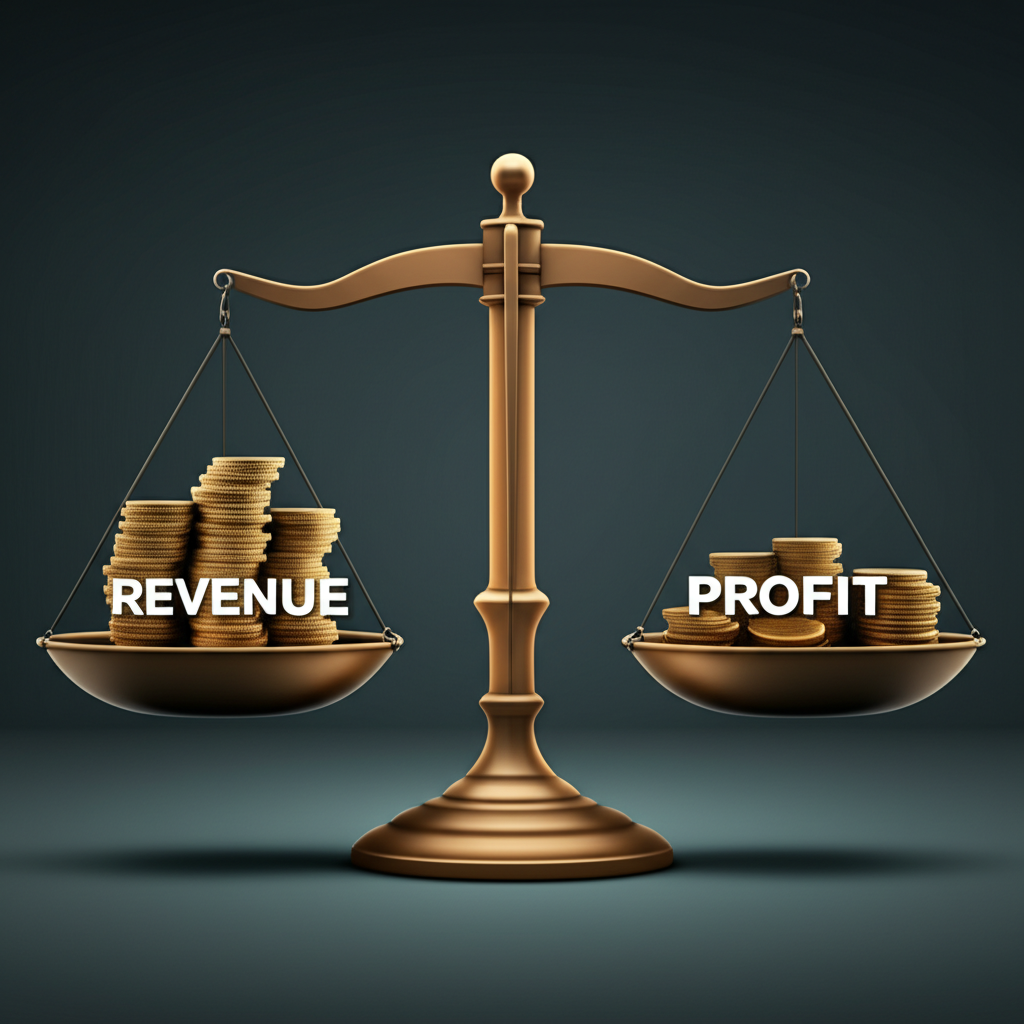 Illustration of a balance scale with revenue on one side, costs on the other, and profit as the result, representing the core profit formula concept