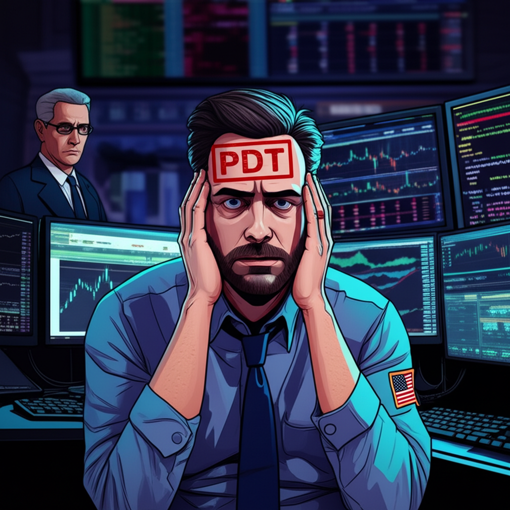 交易者面對多螢幕壓力，額頭蓋PDT印章，背景FINRA監管身影