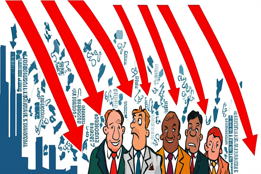 金融市場買空策略插圖，顯示下行箭頭與投資者表情對比，象徵賣空的神秘與機會