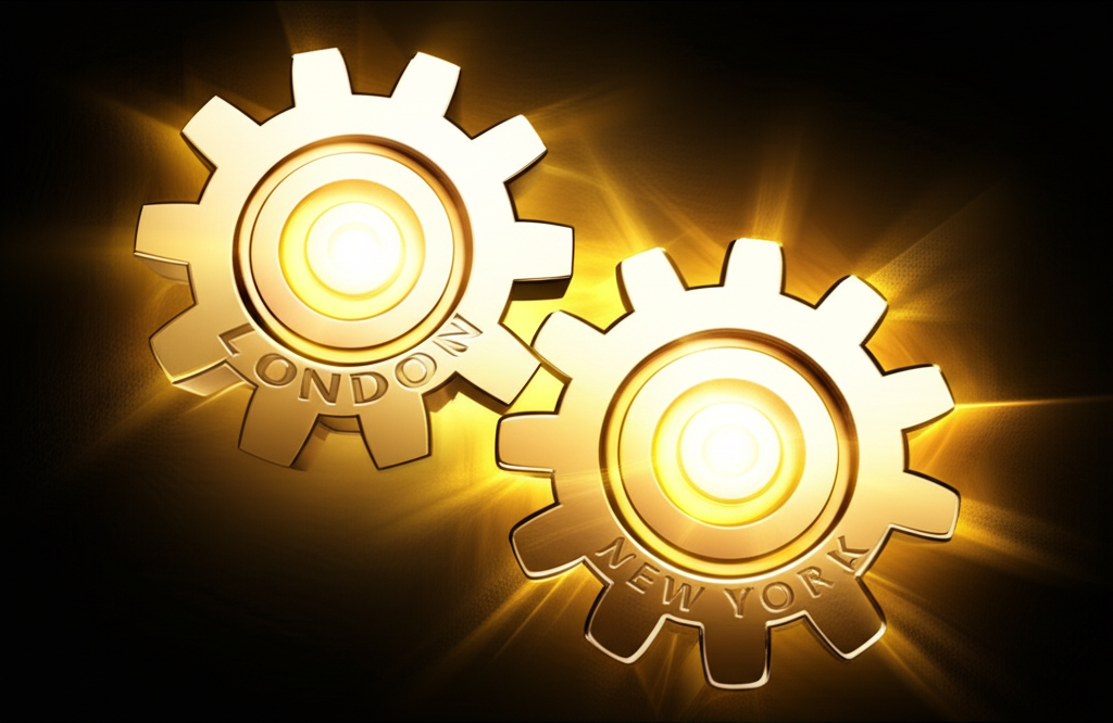 倫敦與紐約市場重疊齒輪圖像,象徵高流動性黃金交易時段