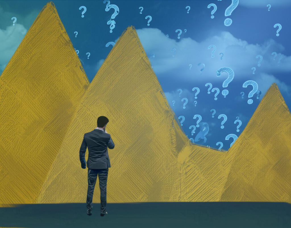 投資者凝視波動黃金價格圖表,背景滿是疑問符號象徵不確定性