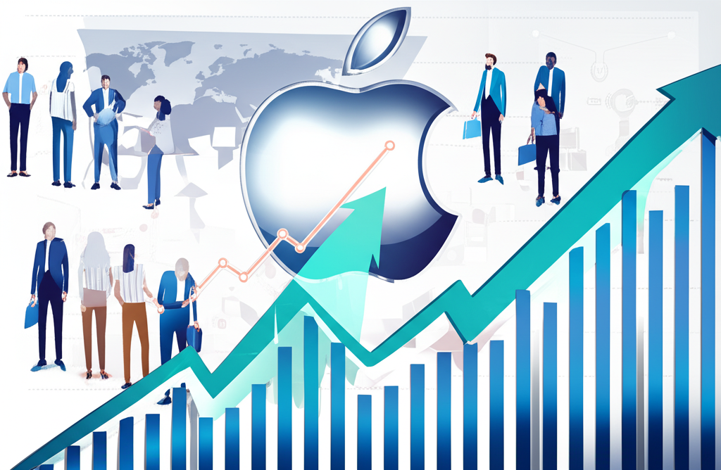 An illustration of a stylized Apple logo with growth arrows and a diverse group of investors looking at a stock chart representing global technology investment appeal and challenges