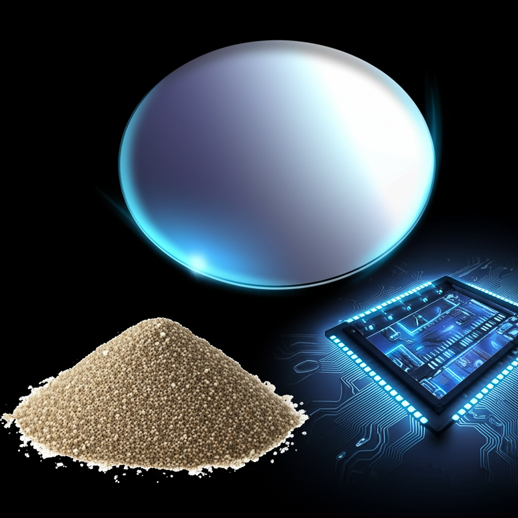 從原料矽砂轉變成閃亮矽晶圓,再到複雜積體電路晶片的插圖,展示微觀結構與發光電路線