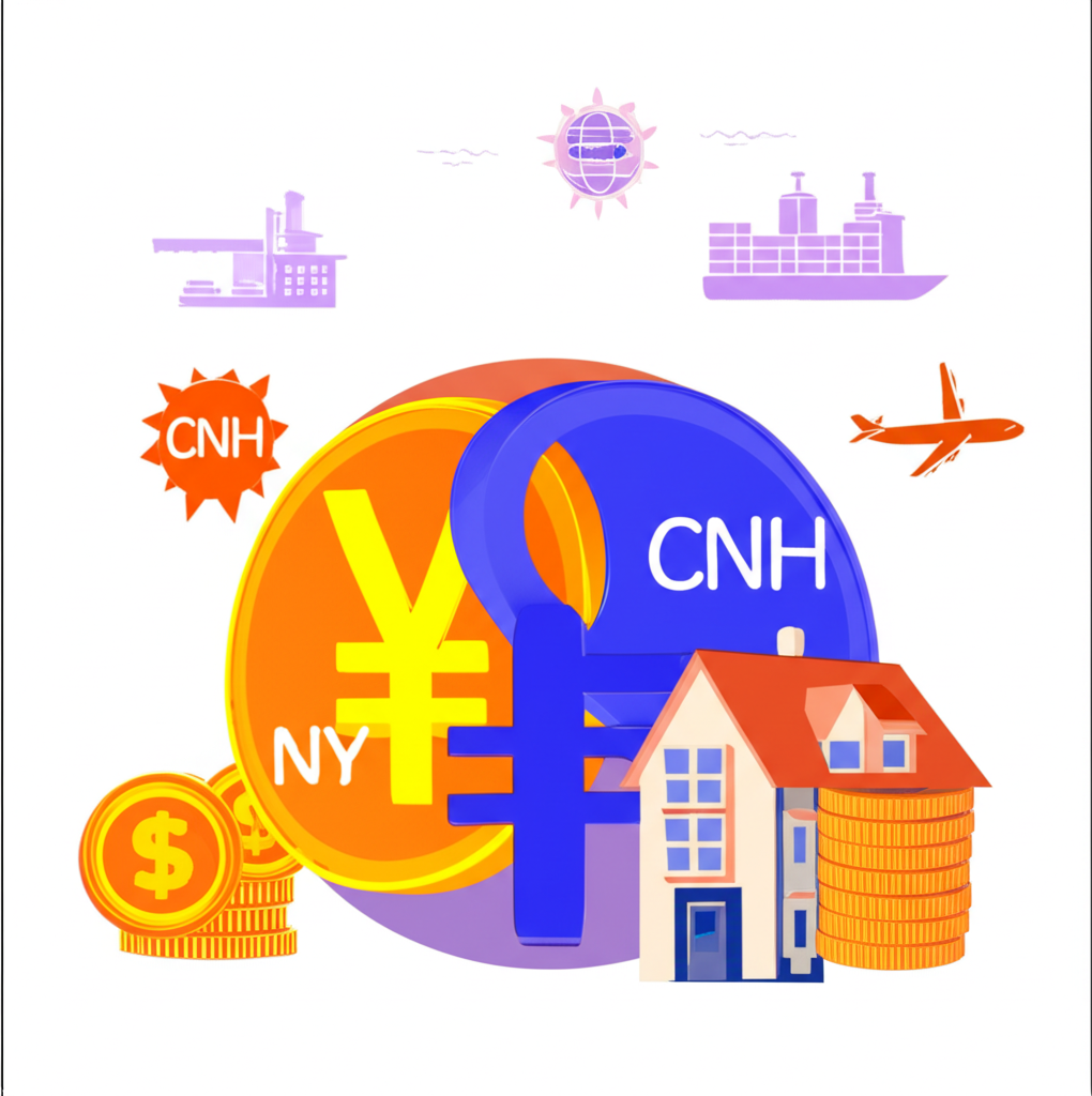 全球金融市場中離岸與在岸人民幣交織,象徵其對國際貿易與個人財富的影響