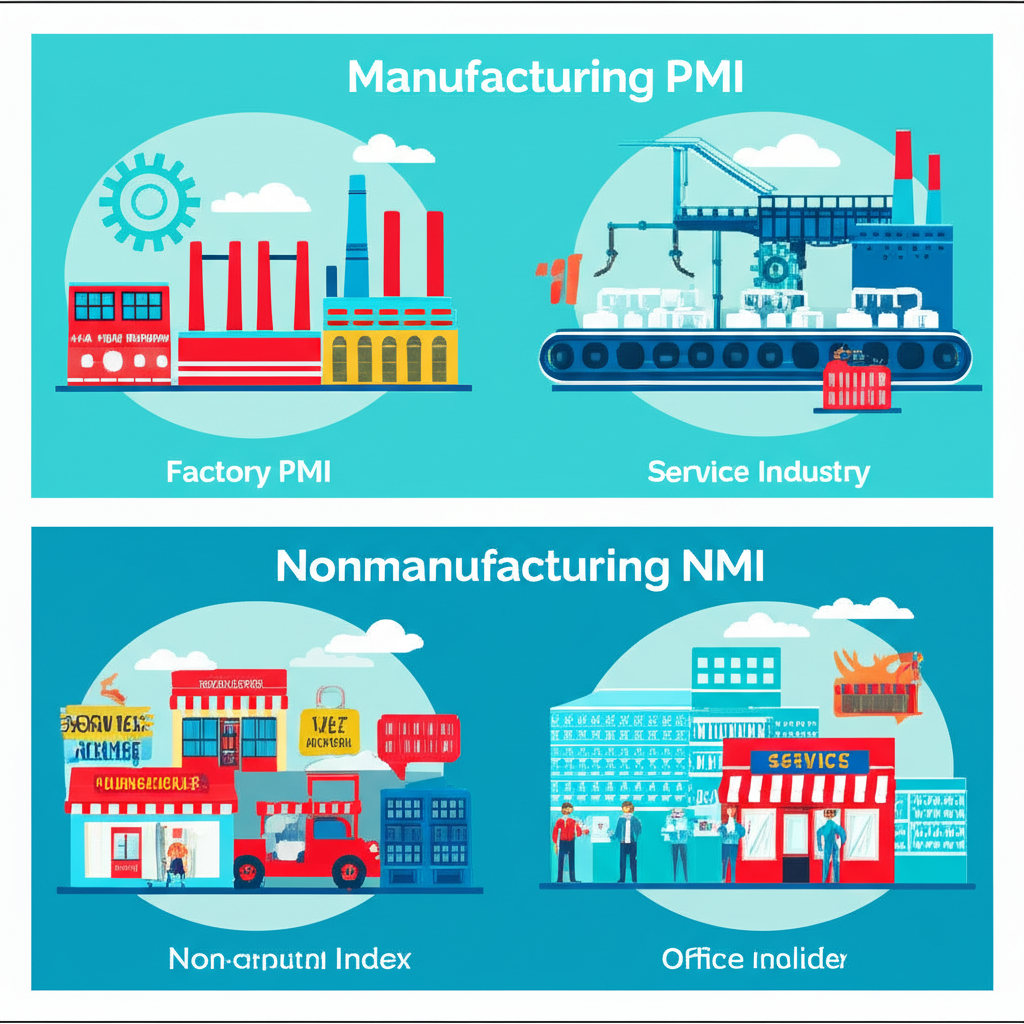 製造業PMI與非製造業NMI圖表示意,包含工廠元素與零售辦公室服務業圖像