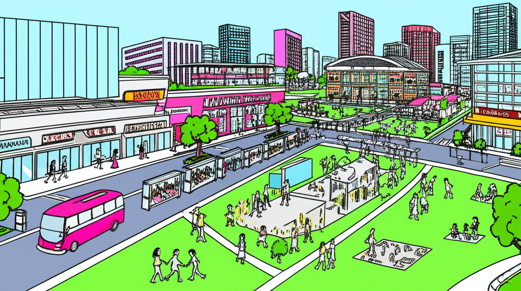 牛津CEO周邊活力社區插圖,包含捷運站、公車停靠點、學校、超市、購物中心、傳統市場與公園,人們享受各種活動