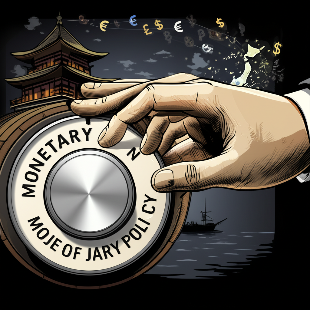 日本央行調整貨幣政策的大手撥動錶盤插圖,全球資金流入日本避險港灣