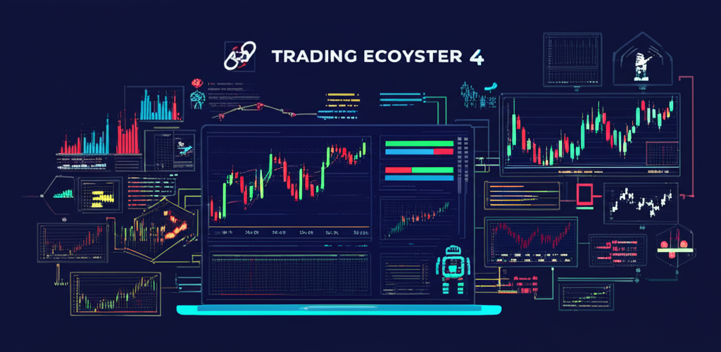 MetaTrader 4 完整交易生態系統插圖，包含圖表、技術指標與自動交易機器人，連接交易者至全球金融市場