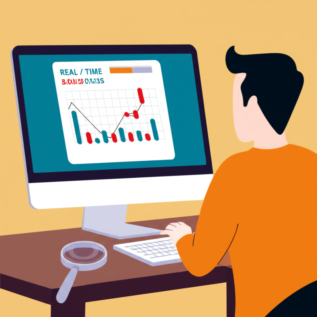 一位人士坐在桌前,電腦顯示即時澳幣匯率圖表,並使用放大鏡檢視插圖