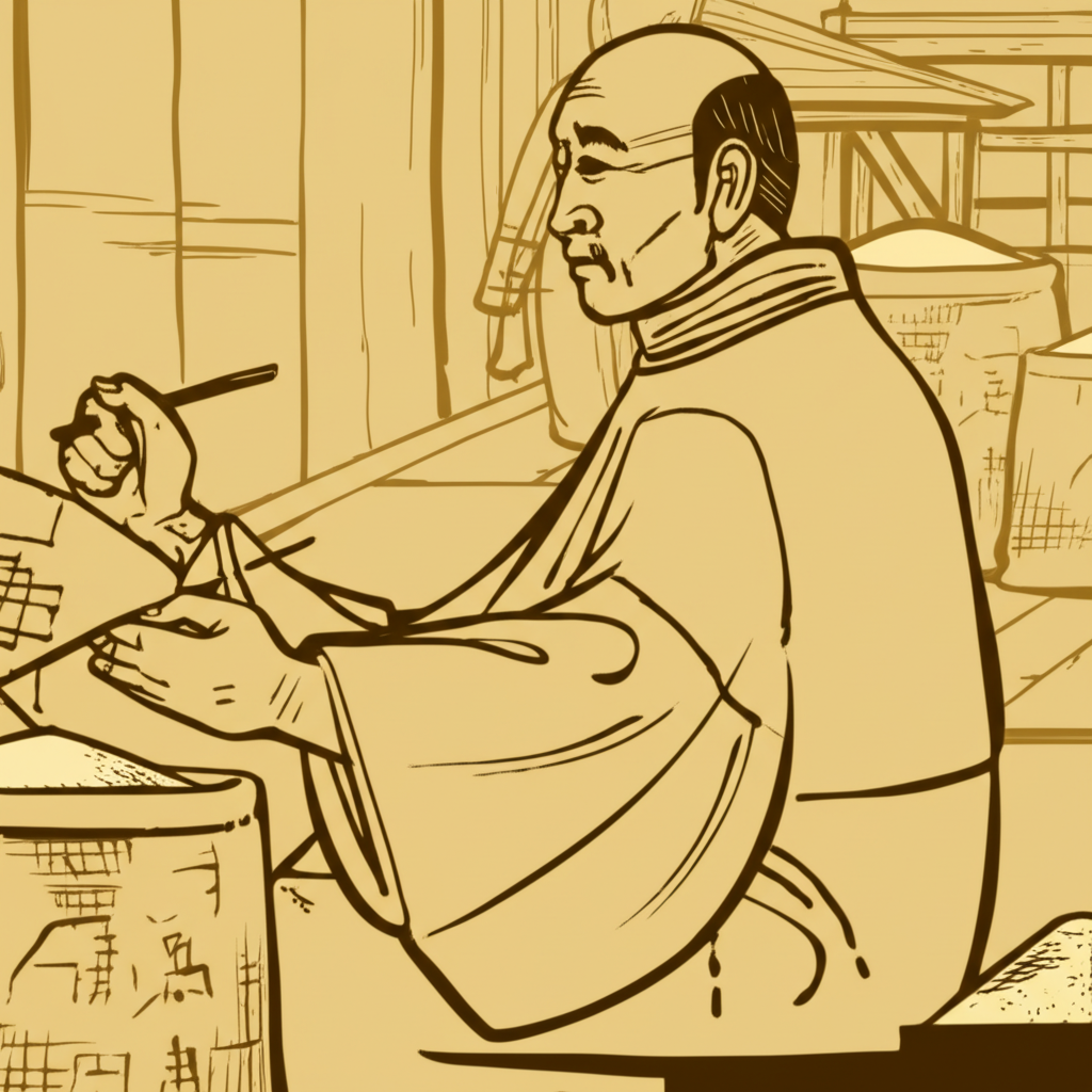 18世紀日本米商本間宗久觀察米價並繪製早期K線圖的傳統市場場景