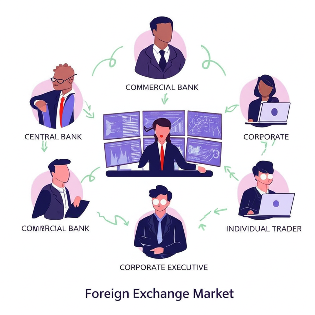 外匯市場多樣參與者插圖,包括中央銀行、商業銀行、企業高管及個人交易者
