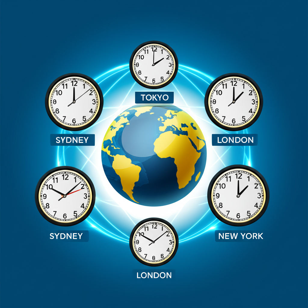 全球外匯市場時區示意圖,顯示悉尼、東京、倫敦、紐約的連續交易脈動