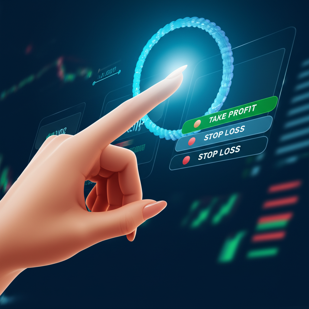 An illustration of a hand pointing to a digital trading platform interface showing options to set take profit and stop loss orders for crypto or stock trading illustration style