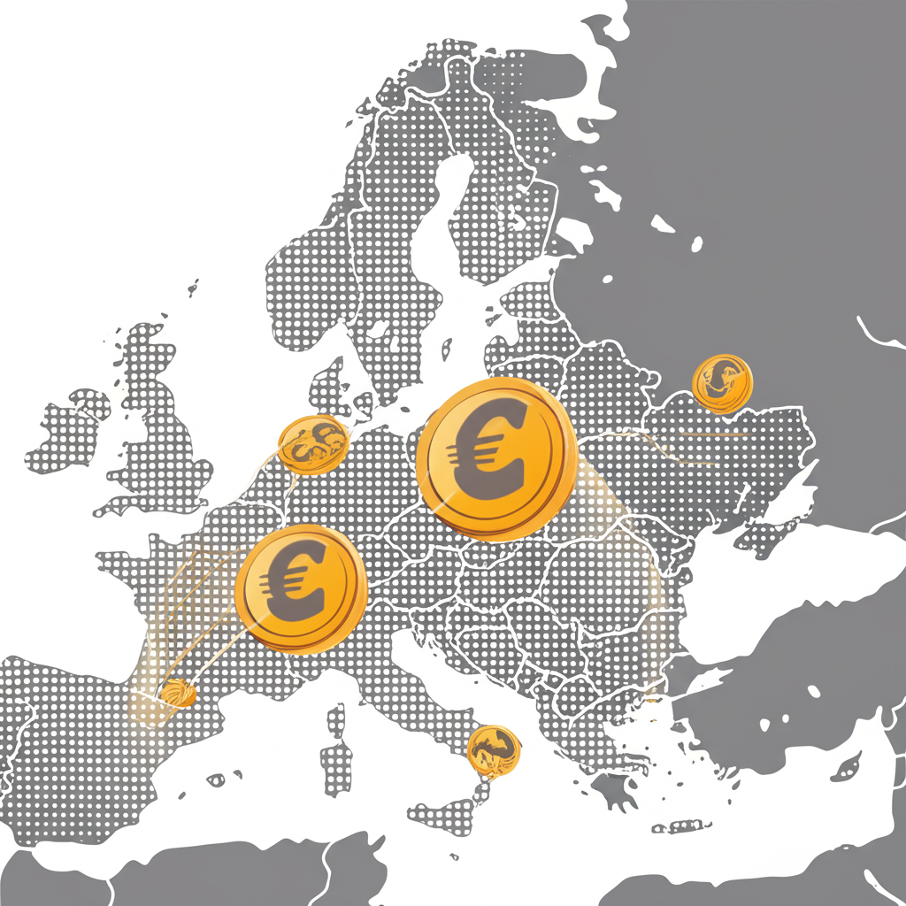 An illustration of euro coins and banknotes flowing across a map of Europe connecting various countries symbolizing economic integration and global influence