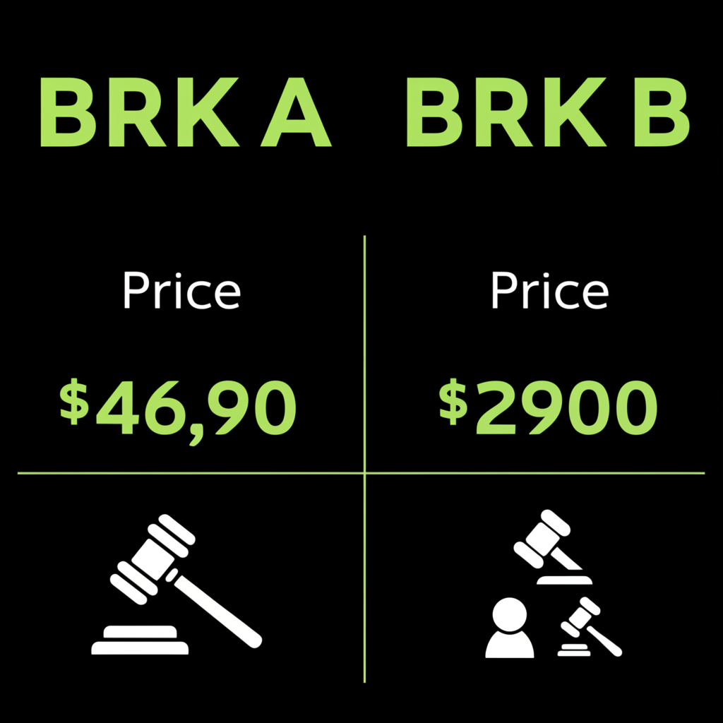 BRK.A 與 BRK.B 股票差異比較圖表，強調股價、投票權等關鍵特點