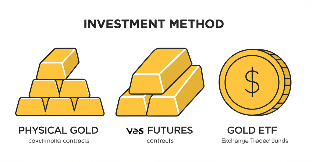 比較實體黃金、黃金期貨與黃金ETF的三種投資方式,各以獨特視覺元素呈現