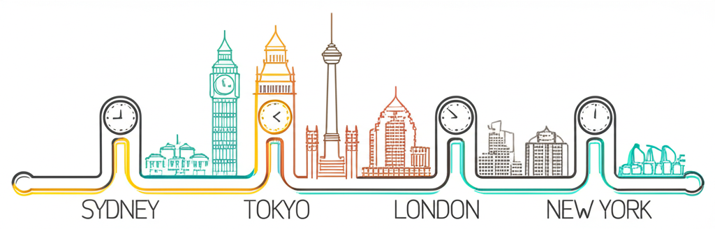 四大外匯交易城市天際線與時鐘,展現悉尼、東京、倫敦、紐約的連續交易流程