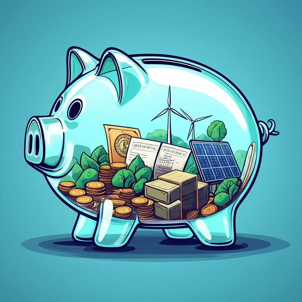 挪威主權財富基金插圖,象徵世代財富與倫理投資的巨型透明儲蓄罐,包含股票、債券與綠能項目