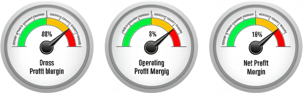 An illustration of three distinct financial gauges or dials each labeled gross profit margin operating profit margin and net profit margin clearly showing their different levels