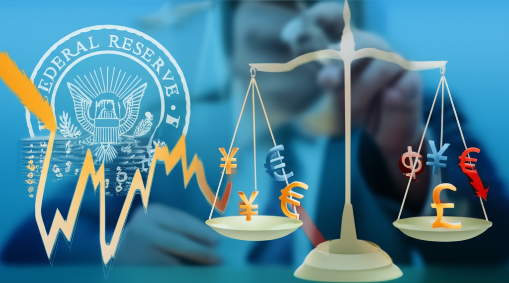 美元指數 DXY 圖表示意,包含升值貶值箭頭與貨幣籃子及聯準會背景