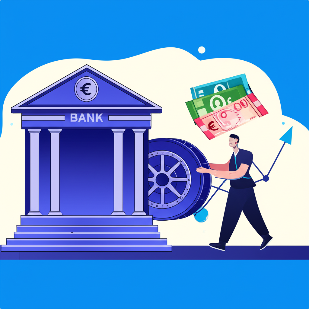 銀行建築中，人將外幣紙鈔存入保險庫，旁邊動態圖表顯示匯率波動，突顯外匯存款的潛在獲利與風險插圖