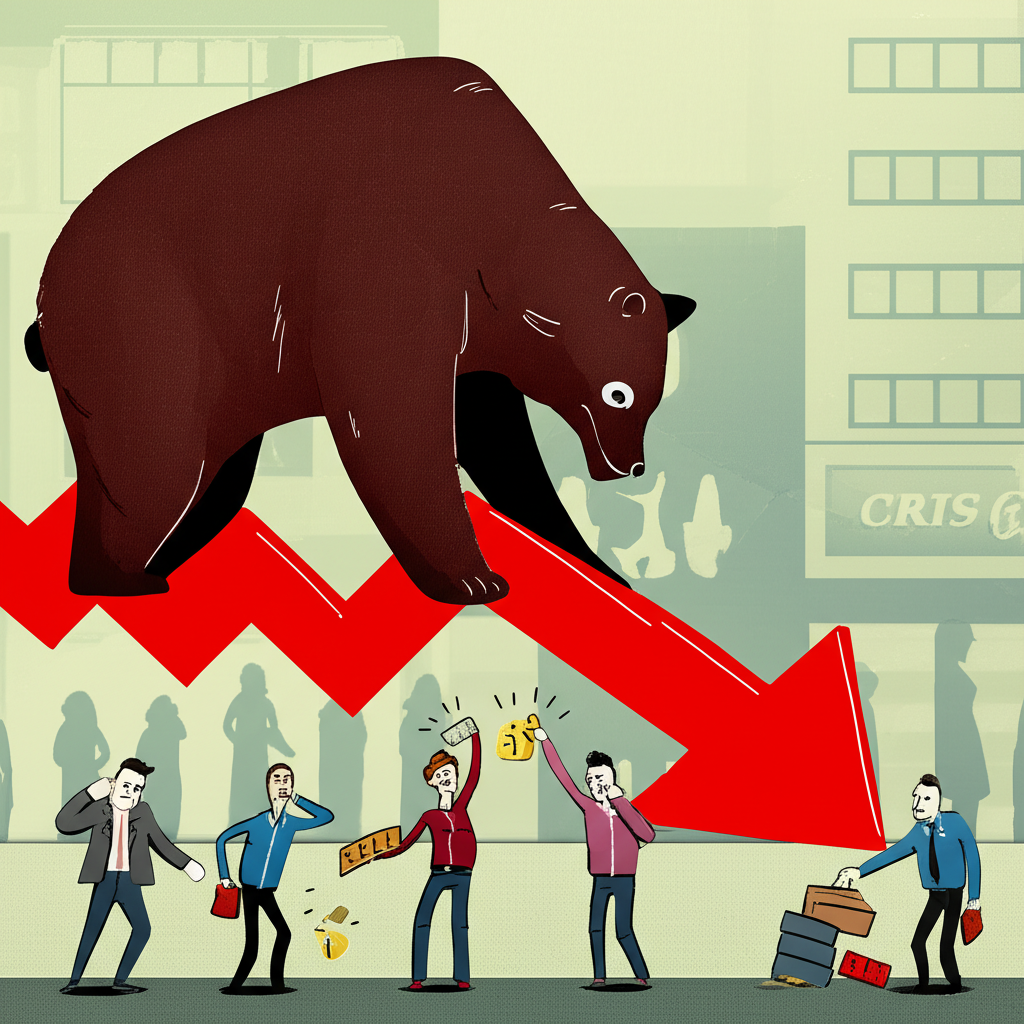 陰鬱的熊市插圖,大熊向下拍擊下跌股價圖表,人們憂心賣出資產,經濟衰退與失業上升