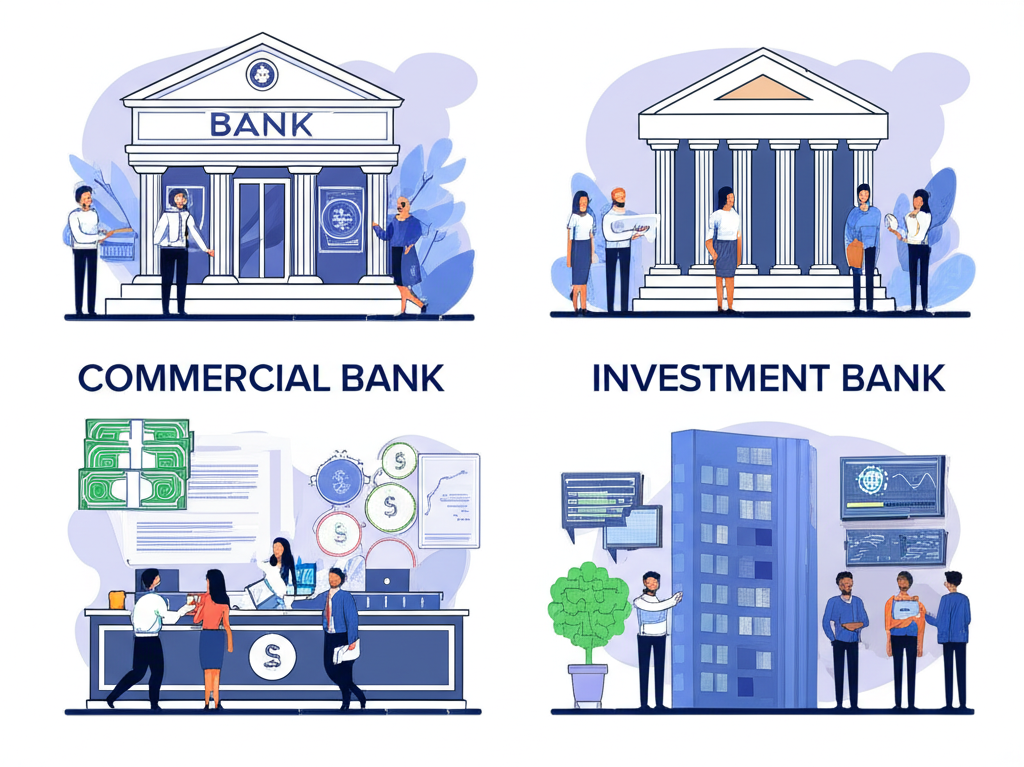 對比兩種銀行:商業銀行周圍是民眾存錢的日常場景,投資銀行則是大企業與複雜資本交易的宏大圖景,突顯服務差異
