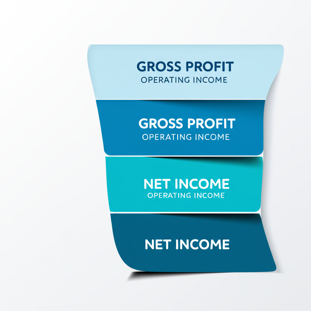 Illustration of a multi-layered financial chart showing gross profit, operating income, and net income in a corporate structure, symbolizing business profit analysis